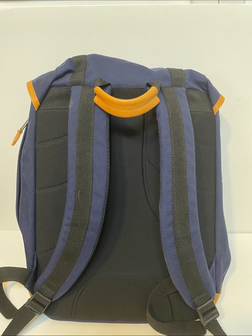 L.L. Bean Navy Backpack with Tan Leather Trim and Front Pockets